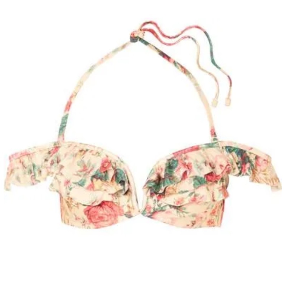 Zimmermann Floral Ruffled Bikini Top in Cream, Pink, Green - Picture 2 of 4